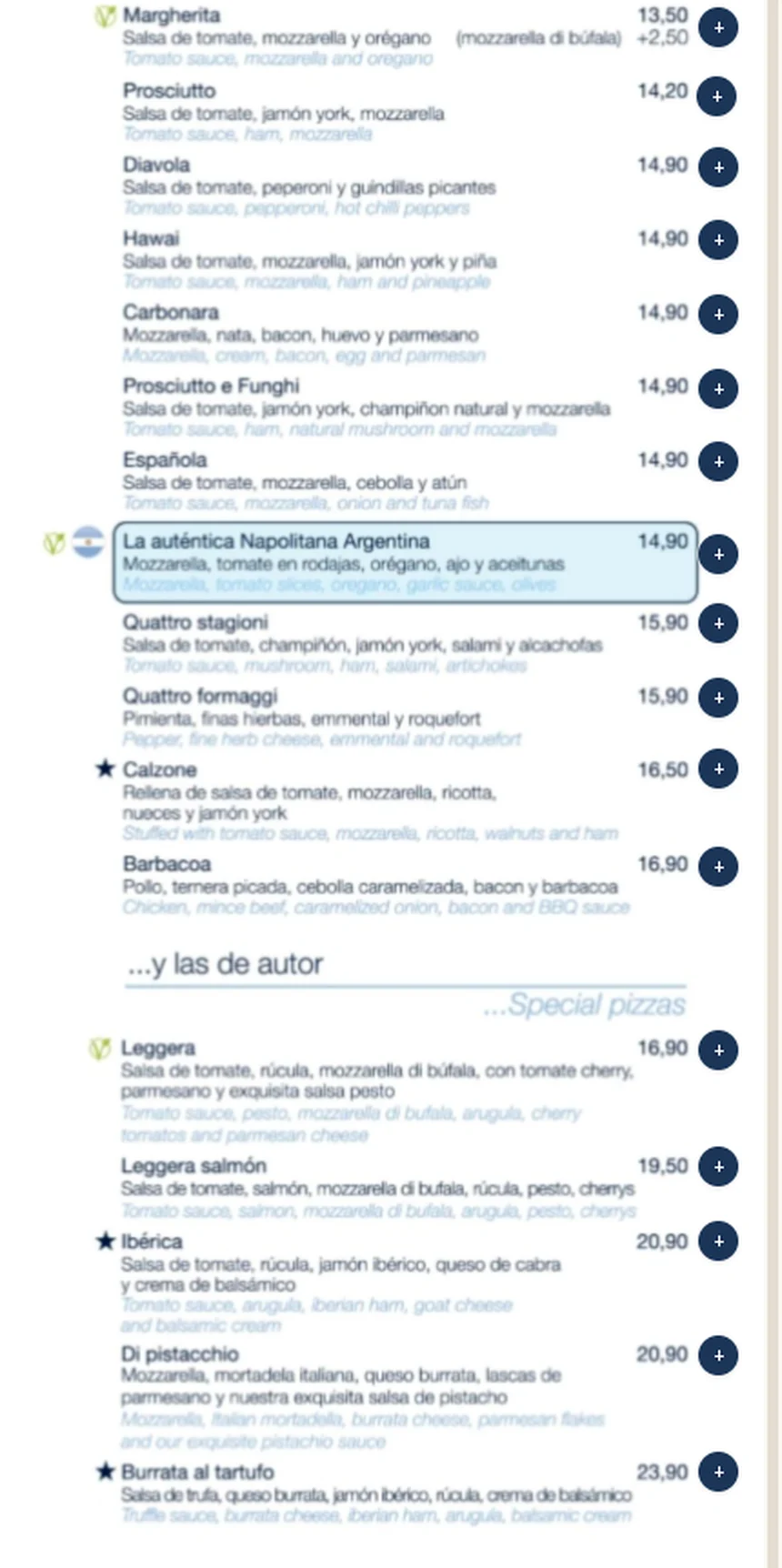 La carta de una pizzería con un botón de pedir junto al precio de cada plato
